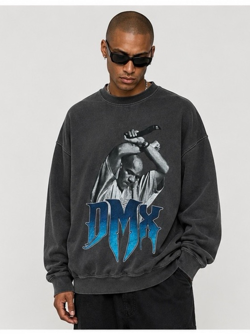Black Graphic Crewneck Sweatshirt with Blue Logo